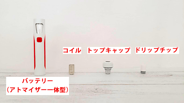 「バッテリー（アトマイザー一体型）」、「コイル」、「トップキャップ」、「ドリップチップ」